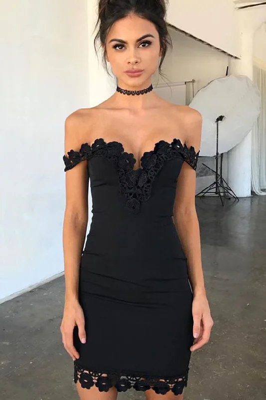 Sexy Sheath Off-the-Shoulder Short Black Homecoming Dresses with Lace OKC39