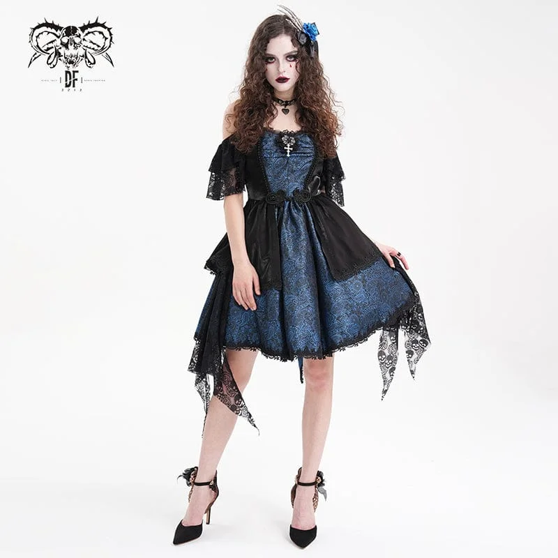 Women's Gothic Lace-up Halter Lace Irregular Hem Dress Blue