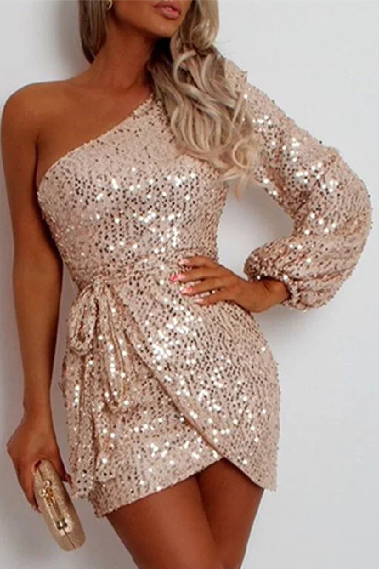 Elegant Solid Sequins With Belt Oblique Collar Evening Dress Dresses