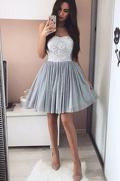 Sweetheart Grey Lace Homecoming Dress,Short Party Cocktail Dresses,Sweet 16 Dresses OK476