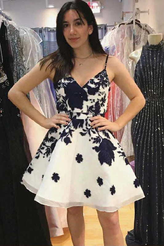 Ivory Short Cheap V Neck Lace Appliques A Line Homecoming Dress OKB89