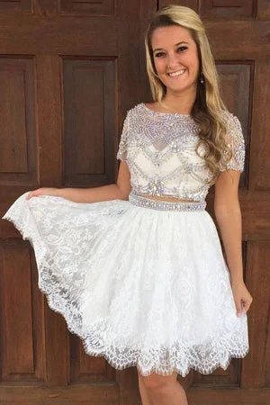 Stylish Two Piece A-Line Prom Dresses,Bateau Short Sleeves Lace Homecoming Dress With Beading OK471