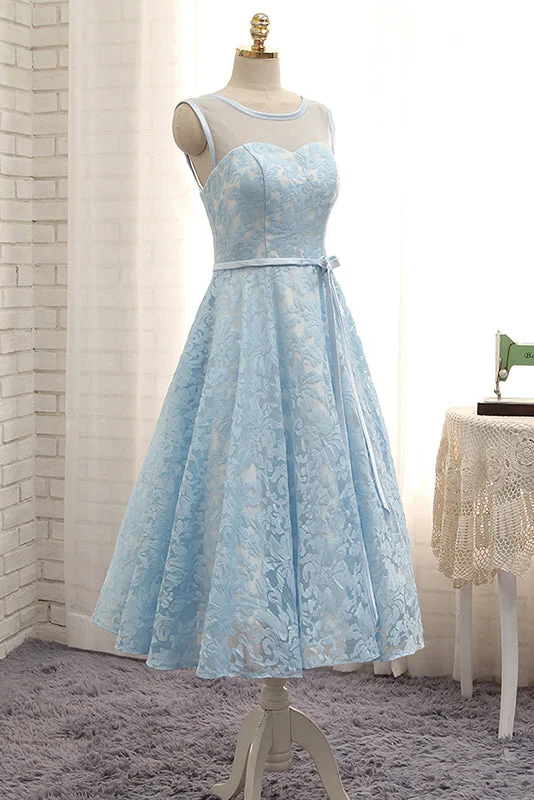 High Quality Blue A Line Lace Short Prom Dresses,Sleeveless Homecoming Dresses OK470