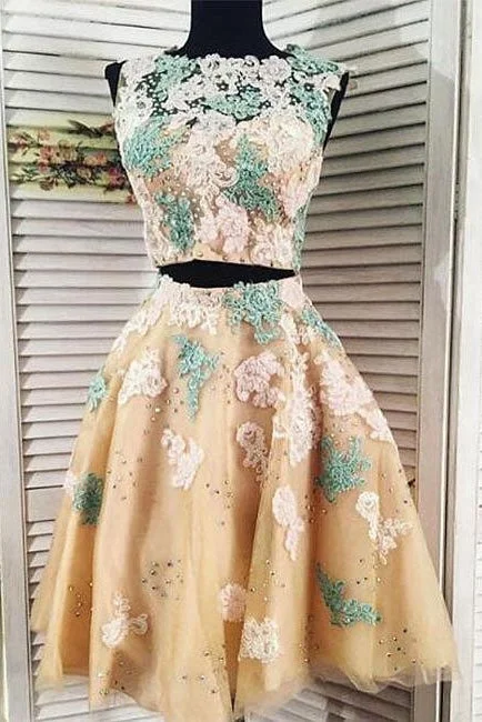 Two Pieces Lace Tulle Long Sleeve Homecoming Dress, Short Prom Gown OKE11