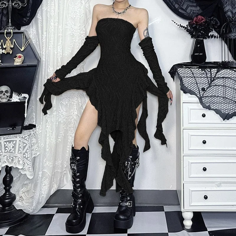 Women's Punk Ripped Irregular Hem Dress with Gloves