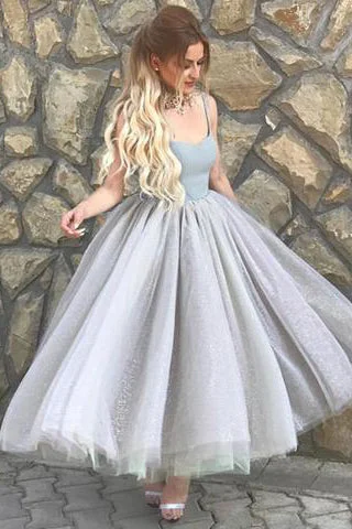 Simple A-Line Spaghetti Straps Prom Dresses,Gray Tulle Short Homecoming Dress OK492