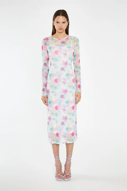 Watercolour-Floral Mesh Long Sleeve Midi-Dress