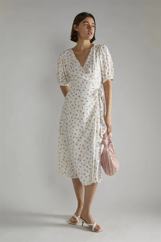 White Pink Ditsy V-neck Wrap Midi-Dress