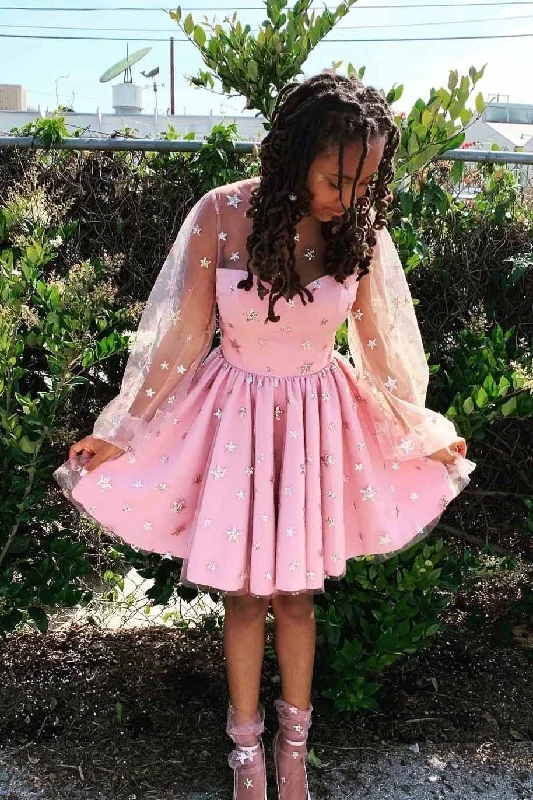 Pink Stars Long Sleeves Tulle Short Homecoming Dress OKM48