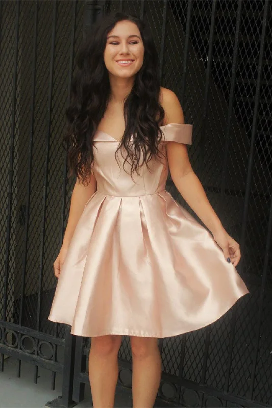 Simple A-line Off Shoulder Satin Rushed Short Pearl Pink Homecoming Dress OKA76
