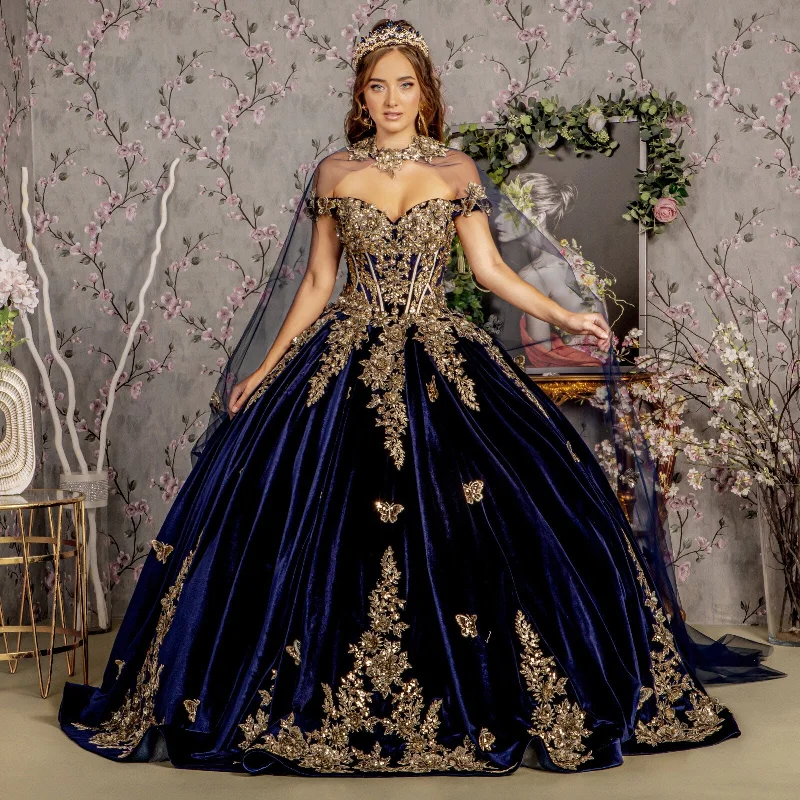 Long Metallic Quinceanera Dress Cape Ball Gown