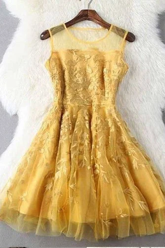Fashion Gold Jewel A Line Sleeveless with Appliques Short Prom Homecoming Dresses OK508