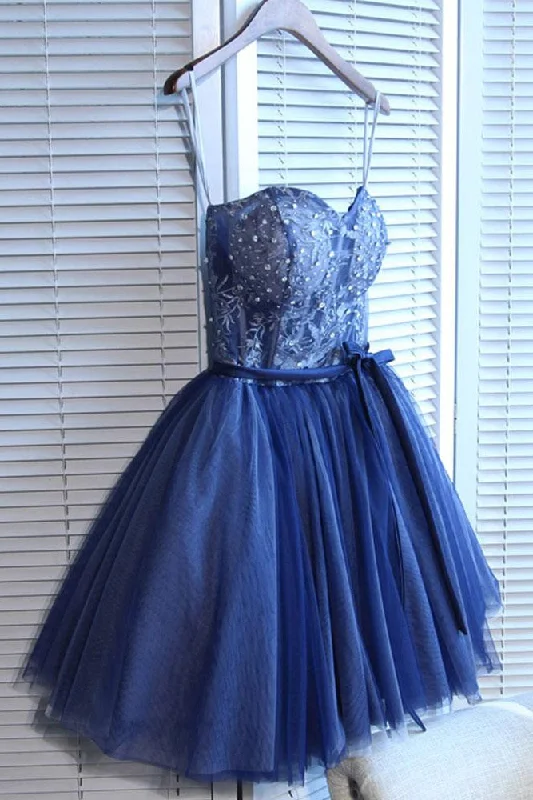 Cute Navy Blue Sweetheart Tulle Beads Appliques Short Homecoming Dress OKD45