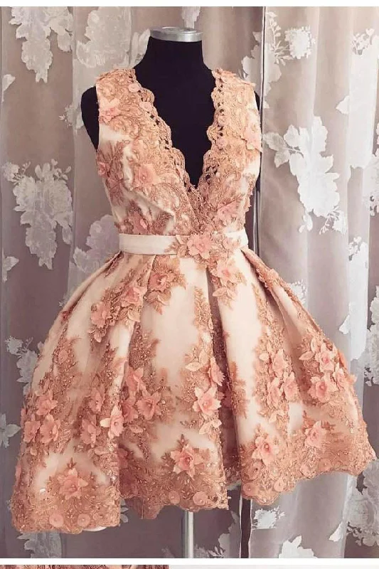 Cute A-line Deep-V Lace Appliqued Short Homecoming Dress OKA74