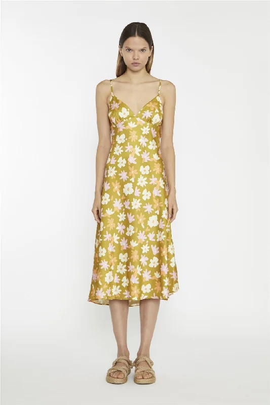 Olive Multi-Flower Spaghetti-Strap Midi-Dress