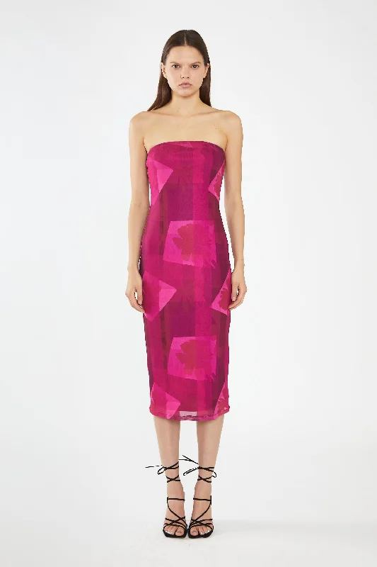 Pink-Block Mesh Bandeau Bodycon Midaxi-Dress