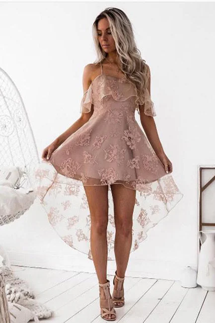 High Fashion A-Line Lace Off-Shoulder High Low Short Homecoming Dresses OK456