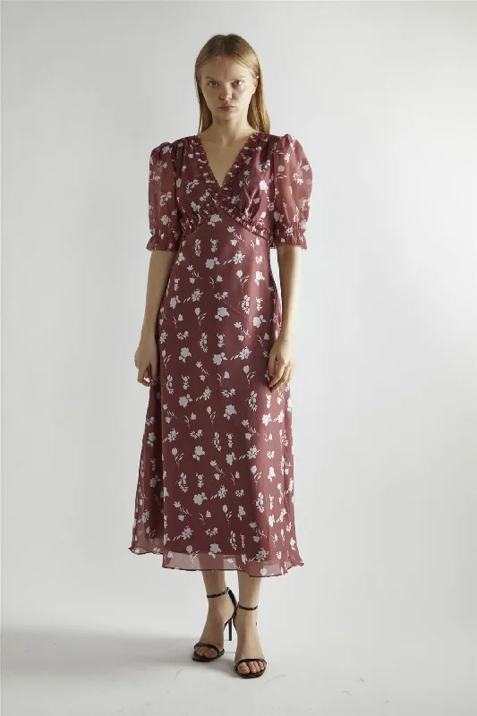 Burgundy-Floral Organza  V-Neck Midaxi-Dress