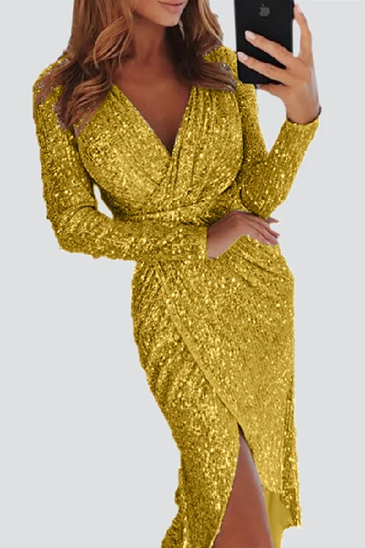 Elegant Solid Split Joint Sequined V Neck Evening Dress Dresses