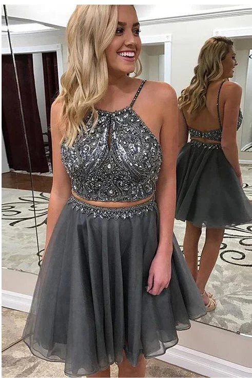 Grey Two Piece Backless Homecoming Dress,Beaded Short Prom Dress OKC27