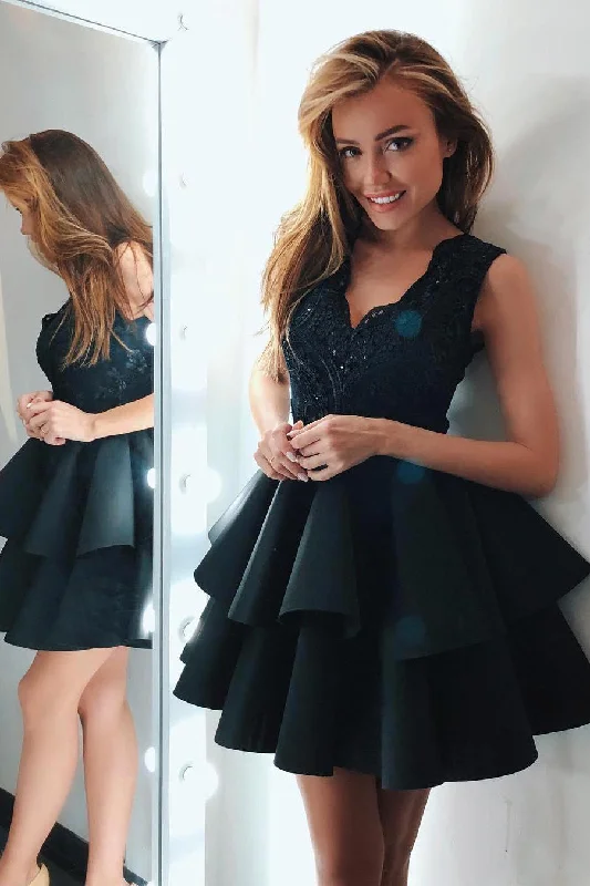 V Neck Lace Short Satin Layered A-Line Knee Length Short Prom Dress,Homecoming Dress OKC15