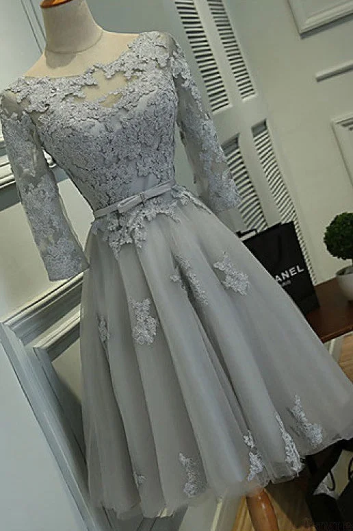 Gray A Line Homecoming Dress with Half Sleeves,Lace Appliqued Short Prom Dresses OK463