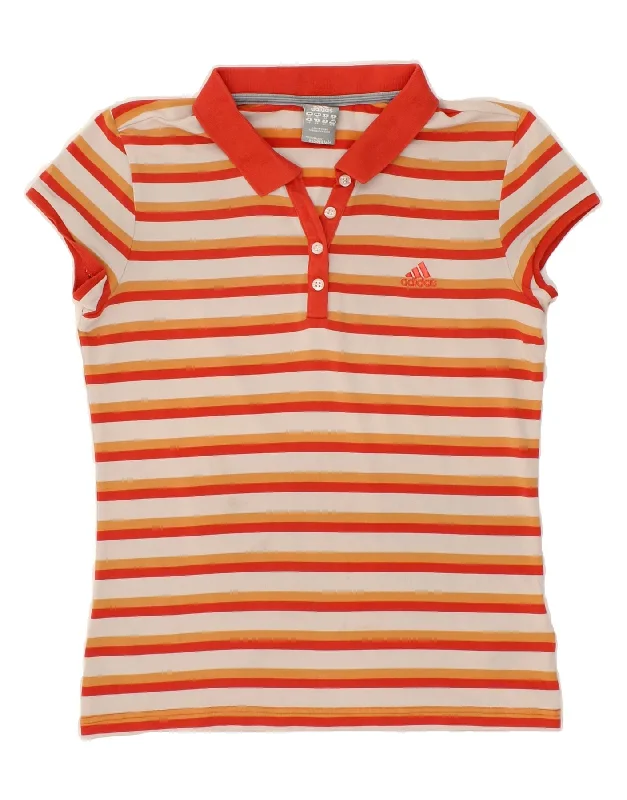 ADIDAS Womens Polo Shirt UK 14 Medium  Orange Striped Classic Basic Short Shirt