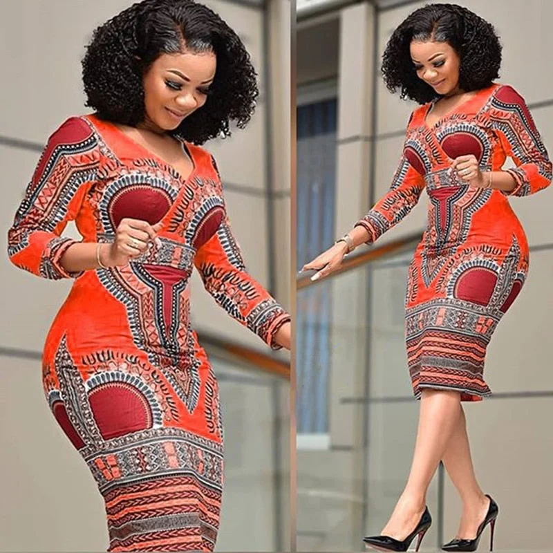 Women's Vestidos African Style Floral Print V-neck Long Sleeve Elegant Retro Bodycon Midi Dress Trendy Flared Sleeve Midi Dress Women's Vestidos African Style Floral Print V-neck Long Sleeve Elegant Retro Bodycon Midi Dress Trendy Flared Sleeve Midi Dress