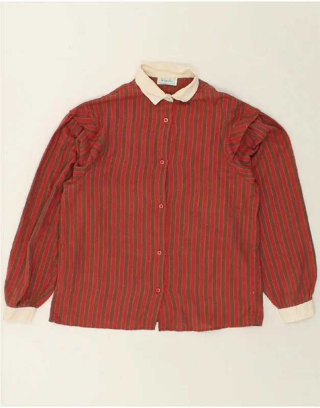 BENETTON Womens Shirt UK 12 Medium Brown Striped Relaxed Button-Down Short Shirt