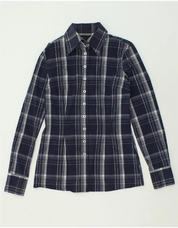 BENETTON Womens Shirt UK 12 Medium Navy Blue Check Cotton Elegant Draped Short Sleeve BENETTON Womens Shirt UK 12 Medium Navy Blue Check Cotton Elegant Draped Short Sleeve