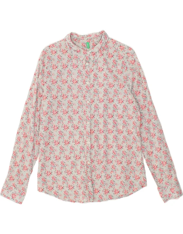 BENETTON Womens Shirt UK 14 Medium Grey Floral Cotton Classic Button-Up Short Tee