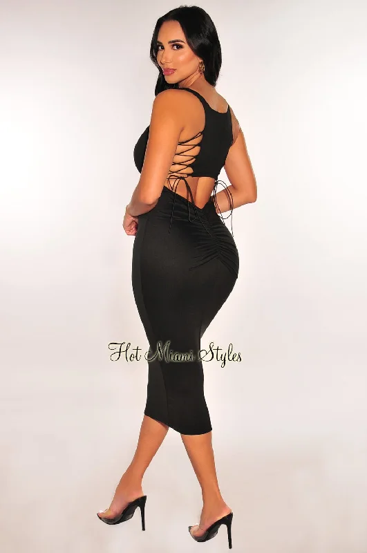 Black Sleeveless Square Neck Lace Up Cut Out Ruched Midi Dress Comfortable Geometric Print Midi Dress Black Sleeveless Square Neck Lace Up Cut Out Ruched Midi Dress Comfortable Geometric Print Midi Dress