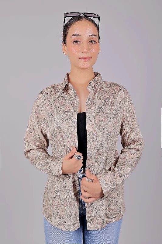 Bluebird Women's Brown Printed Satin Shirt Fashionable Button-Front Short Sleeve