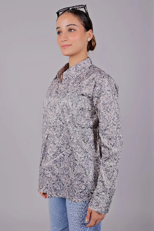 Bluebird Women's Grey Printed Satin Shirt Casual Cotton Short Shirt