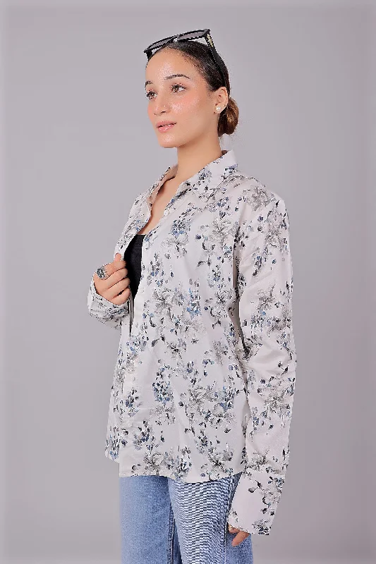 Bluebird Women's White Floral Print Satin Shirt Fashionable Cuffed Short Sleeve