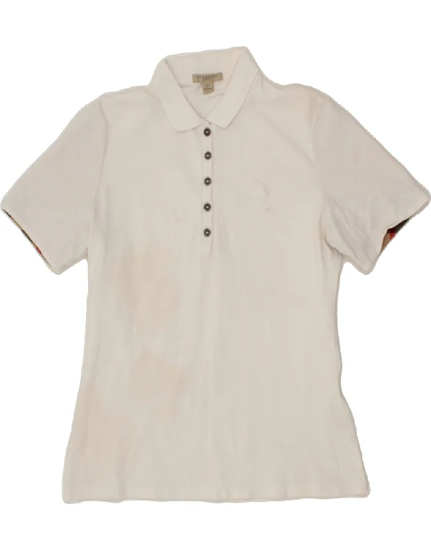 BURBERRY Womens Polo Shirt UK 12 Medium White Cotton Relaxed Cotton Short Shirt