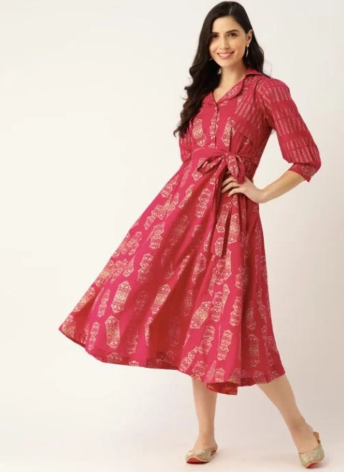 Burgundy & Golden Hand Block Printed Ethnic A-Line Midi Dress Elegant Floral Appliqué Midi Dress Burgundy & Golden Hand Block Printed Ethnic A-Line Midi Dress Elegant Floral Appliqué Midi Dress