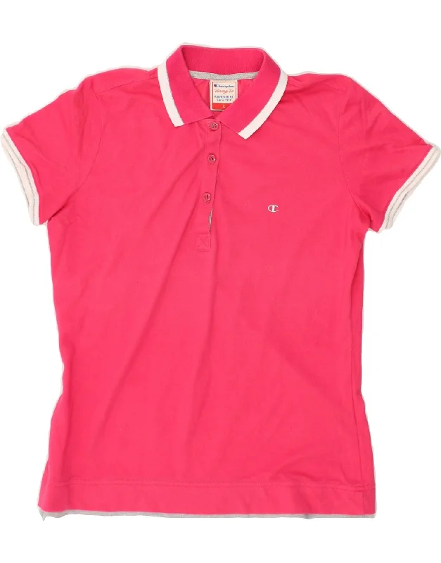 CHAMPION Womens Polo Shirt UK 14 Large Pink Trendy Turtleneck Short Shirt