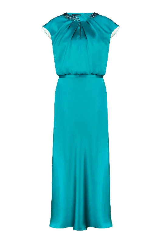 CLUSIA TEAL SILK SATIN MIDI DRESS WITH CRYSTAL EMBELLISHED NECKLINE Elegant V-Neck Midi Dress CLUSIA TEAL SILK SATIN MIDI DRESS WITH CRYSTAL EMBELLISHED NECKLINE Elegant V-Neck Midi Dress