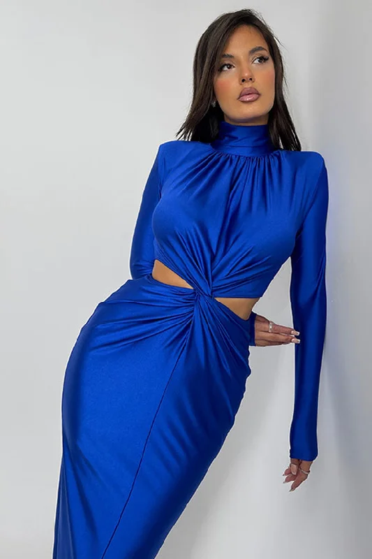 Elegant Rhinestone Twist Cutout Waist Long Sleeve Cocktail Midi Dress - Blue Trendy Ruched Side Midi Dress Elegant Rhinestone Twist Cutout Waist Long Sleeve Cocktail Midi Dress - Blue Trendy Ruched Side Midi Dress