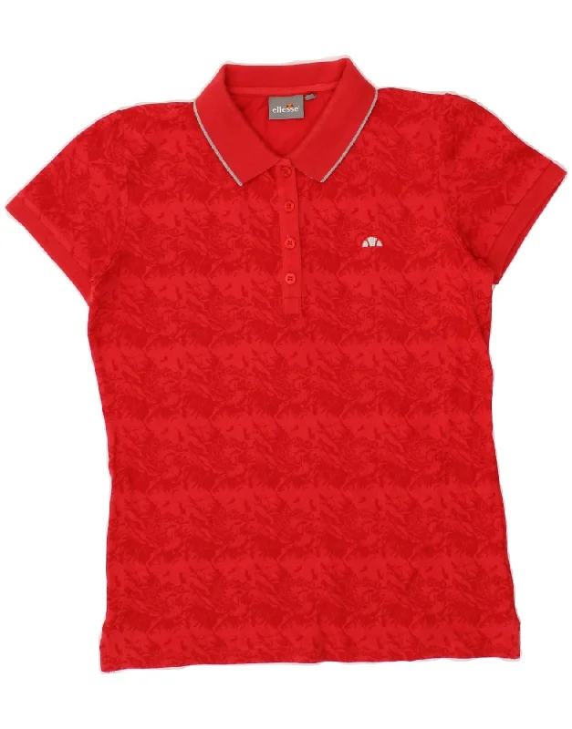 ELLESSE Womens Polo Shirt UK 12 Medium Red Floral Cotton Casual Cotton Short Shirt