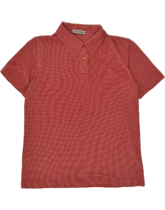 EMPORIO ARMANI Womens Polo Shirt UK 12 Medium Red Check Viscose Relaxed Cotton Short Blouse