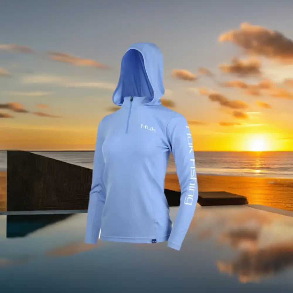 Hooded 1/4 Zip Fishing Shirt - Light Blue Relaxed Fit Short Shirt