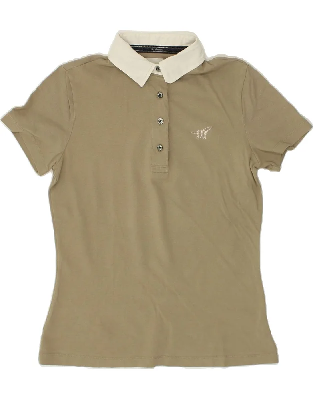 HENRY COTTONS Womens Polo Shirt IT 44 Medium Beige Cotton Fashionable Sheer Short Shirt