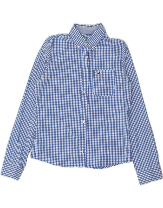HOLLISTER Womens Shirt UK 12 Medium Blue Gingham Cotton Cozy Loose Fit Short Sleeve