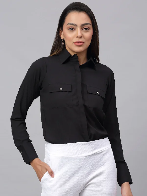 Jainish Women's Black Solid Shirt - Black Stylish Crew Neck Shirt