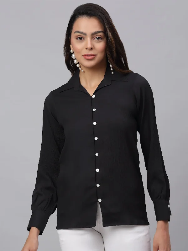 Jainish Women's Black Solid Shirt - Black Comfortable Flowing Short Sleeve