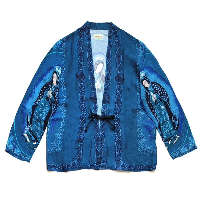 RAYON VIRGIN MARY KIMONO SHIRT - TURQUOISE Casual Loose Short Sleeve