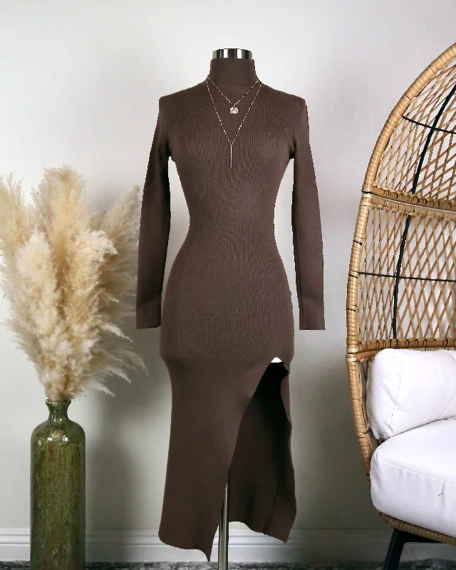 Long Sleeve Ribbed Bodycon Midi Dress With Side Slit in Brown Fashionable High-Low Midi Dress Long Sleeve Ribbed Bodycon Midi Dress With Side Slit in Brown Fashionable High-Low Midi Dress