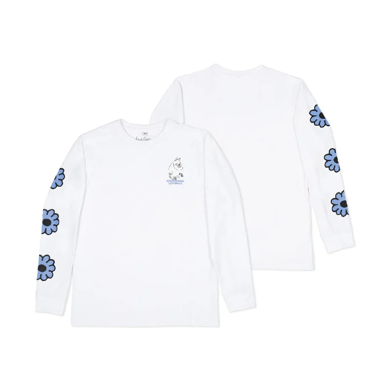 Moomintroll's Flower Longsleeve Shirt With Cuffrib Unisex - White Casual Plain Short Shirt